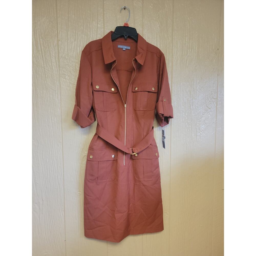 Sharagano NY Women's Belted Zip Front Dress Arabian Spice Size 12 with Pockets